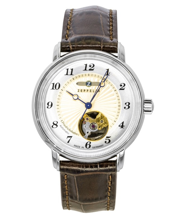 Zeppelin Friedrichshafen Leather Strap Open Heart Gold Dial Automatic 85675 Women's Watch