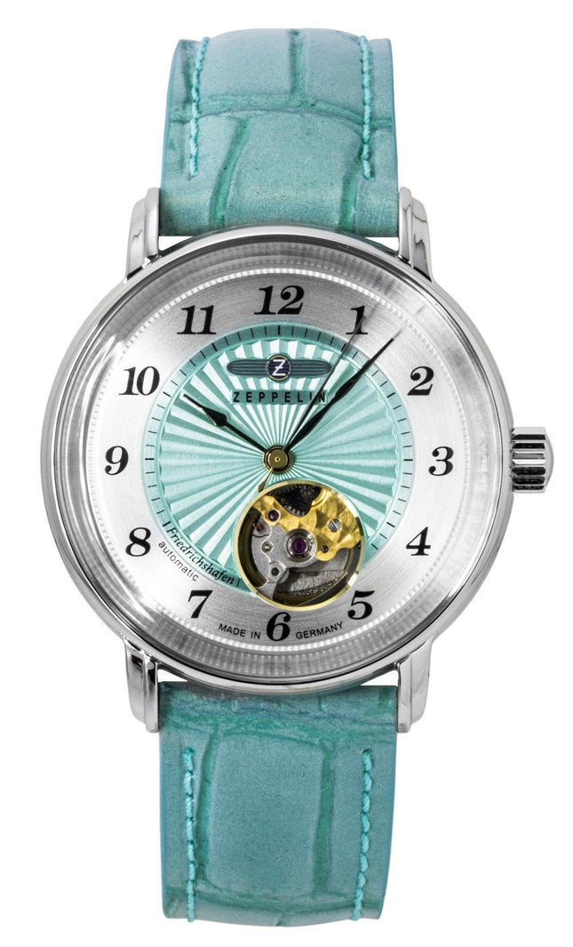 Zeppelin Friedrichshafen Leather Strap Open Heart Turquoise Dial Automatic 85694 Women's Watch