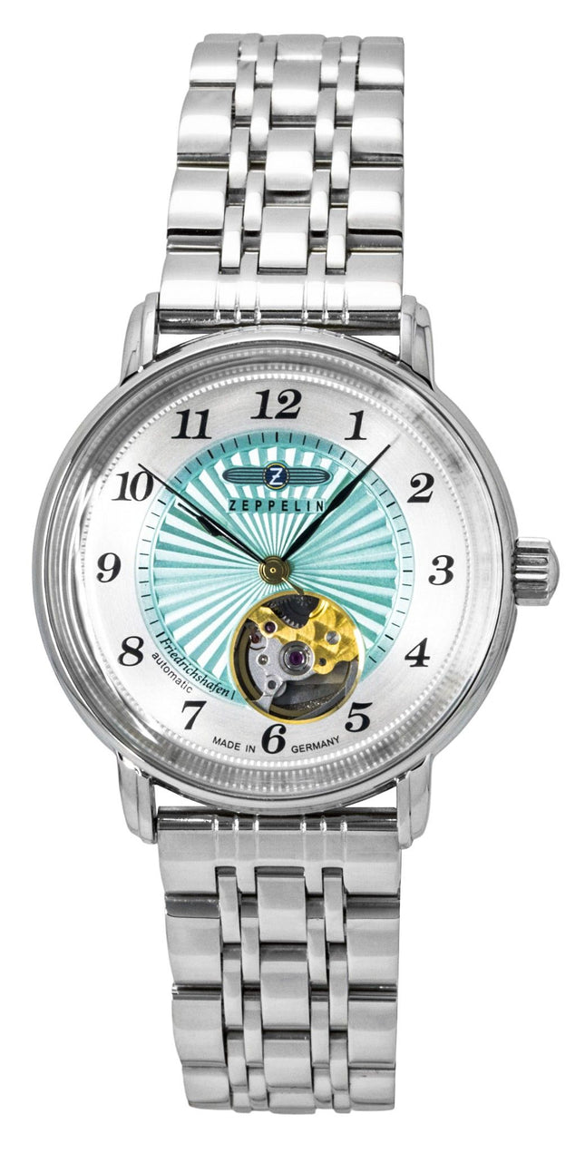 Zeppelin Friedrichshafen Stainless Steel Open Heart Turquoise Dial Automatic 8569M4 Women's Watch