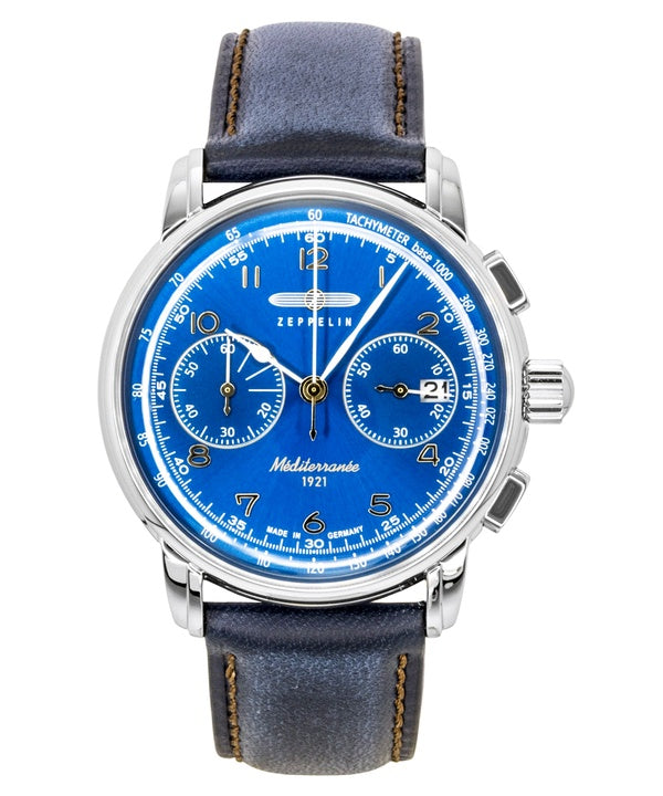 Zeppelin Mediterranee Chronograph Leather Strap Blue Dial Quartz 96703 Men's Watch