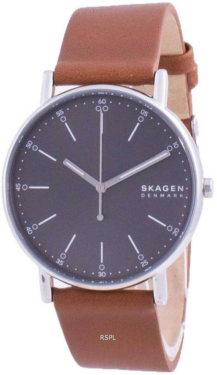 Skagen Signatur Grey Dial Leather Strap Quartz SKW6578 Mens Watch