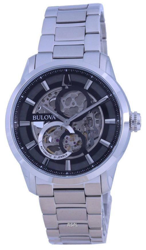 Bulova Classic Skeleton Black Dial Stainless Steel Automatic 96A208 Mens Watch