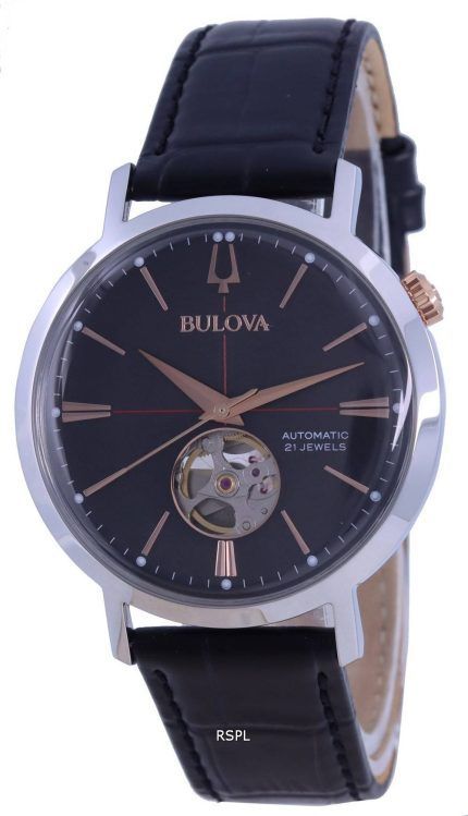 Bulova Classic Open Heart Grey Dial Leather Strap Automatic 98A187 Mens Watch