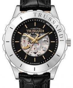 Trussardi T-Logo Semi Skeleton Black Dial Leather Strap Automatic R2421143002 Men's Watch