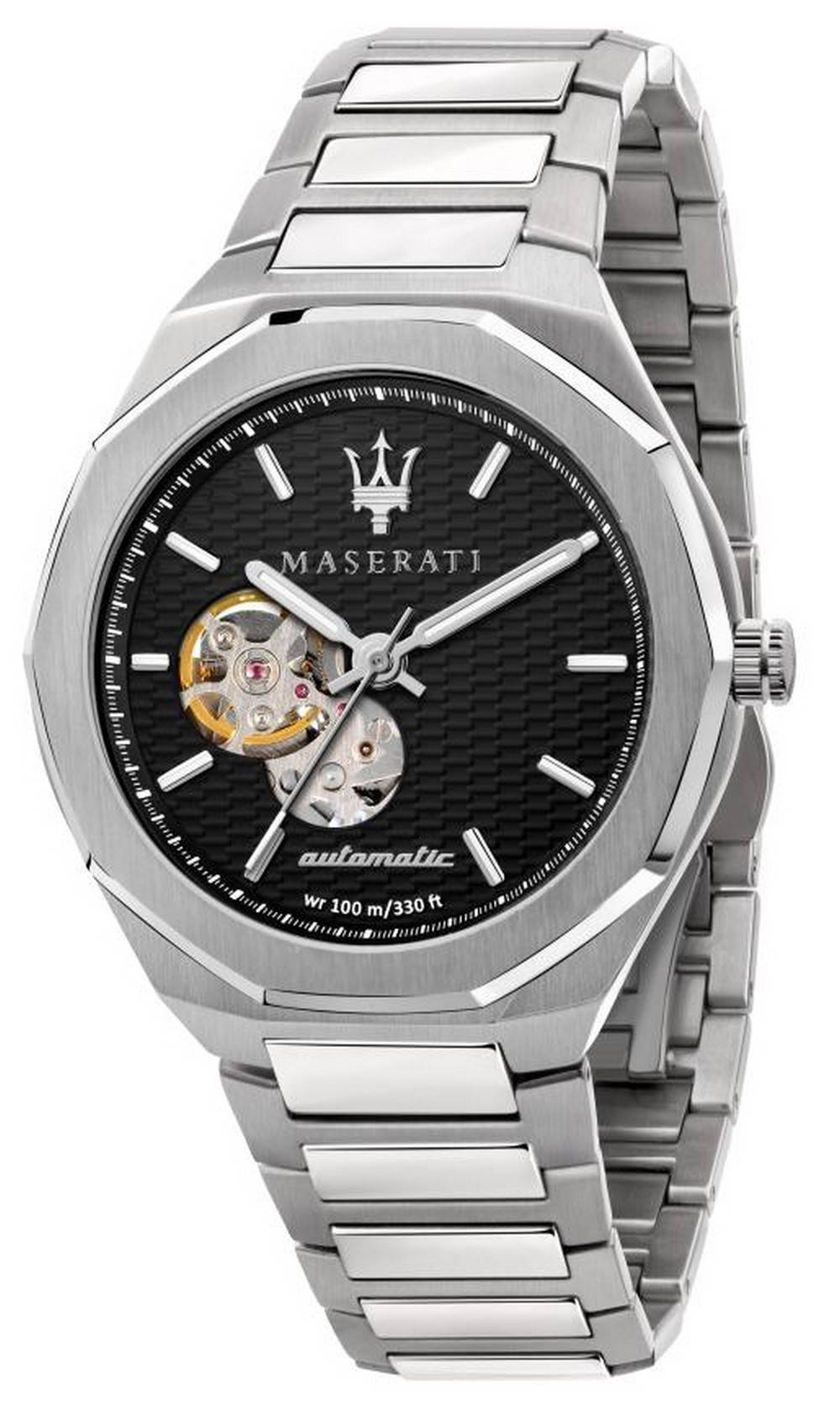 Maserati Stile Open Heart Black Dial Stainless Steel Automatic R8823142002 100M Mens Watch