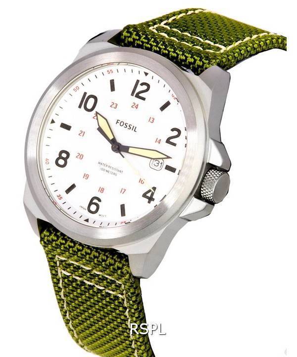 Fossil Bronson Olive Nylon Strap Silver Dial Quartz FS5918 100M Men's Watch