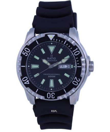 Ratio FreeDiver Black Dial PU Strap Quartz 48HA90-12-BLK 500M Mens Watch