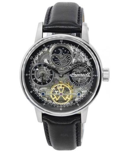 Ingersoll The Jazz Sun and Moon Phase Leather Strap Skeleton Silver Dial Automatic I07701 Mens Watch