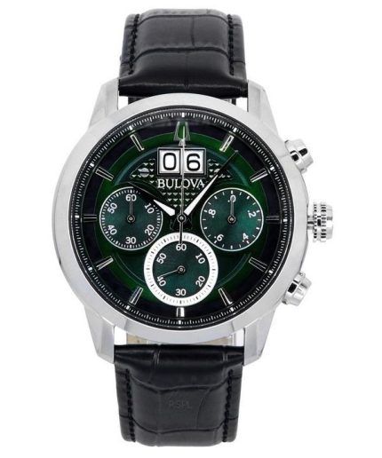 Bulova Sutton Classic Chronograph Leather Strap Green Dial Quartz 96B310 Mens Watch