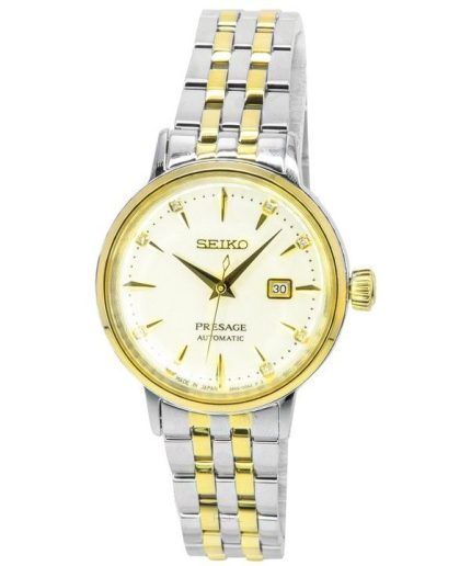 Seiko Presage Cocktail Time White Lady Diamond Accents Gold Dial Automatic SRE010J1 Womens Watch