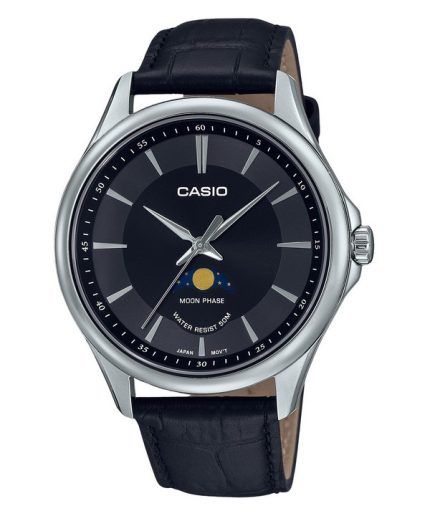 Casio Standard Analog Moon Phase Leather Strap Black Dial Quartz MTP-M100L-1A Mens Watch