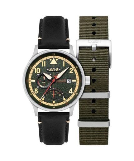 AVI-8 Hawker Hurricane Mckellar Dual Time Gothic Green Dial Quartz AV-4101-0A Mens Watch With Extra Strap