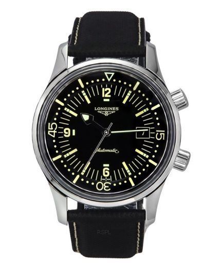 Longines Legend Diver Leather Strap Black Dial Automatic L3.774.4.50.0 300M Men's Watch