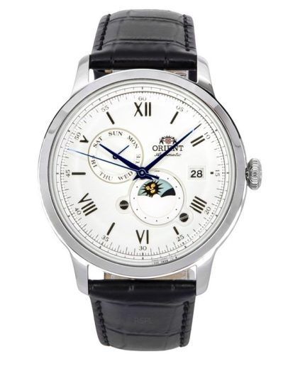 Orient Bambino Version 9 Sun And Moon Phase Leather Strap White Dial Automatic RA-AK0802S10B Men's Watch