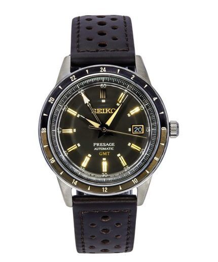Seiko Presage Style60s GMT Calf Leather Strap Black Dial Automatic SSK013J1 Mens Watch