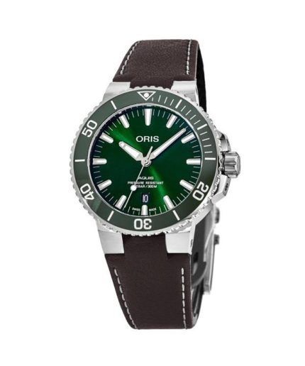 Oris Aquis Date Leather Strap Green Dial Automatic Diver's 01 733 7732 4157-07 5 21 10FC 300M Men's Watch