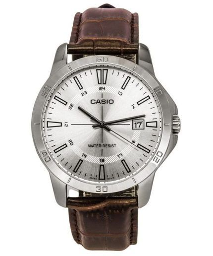 Casio Standard Analog Brown Leather Strap Silver Dial Quartz MTP-V004L-7C Men's Watch